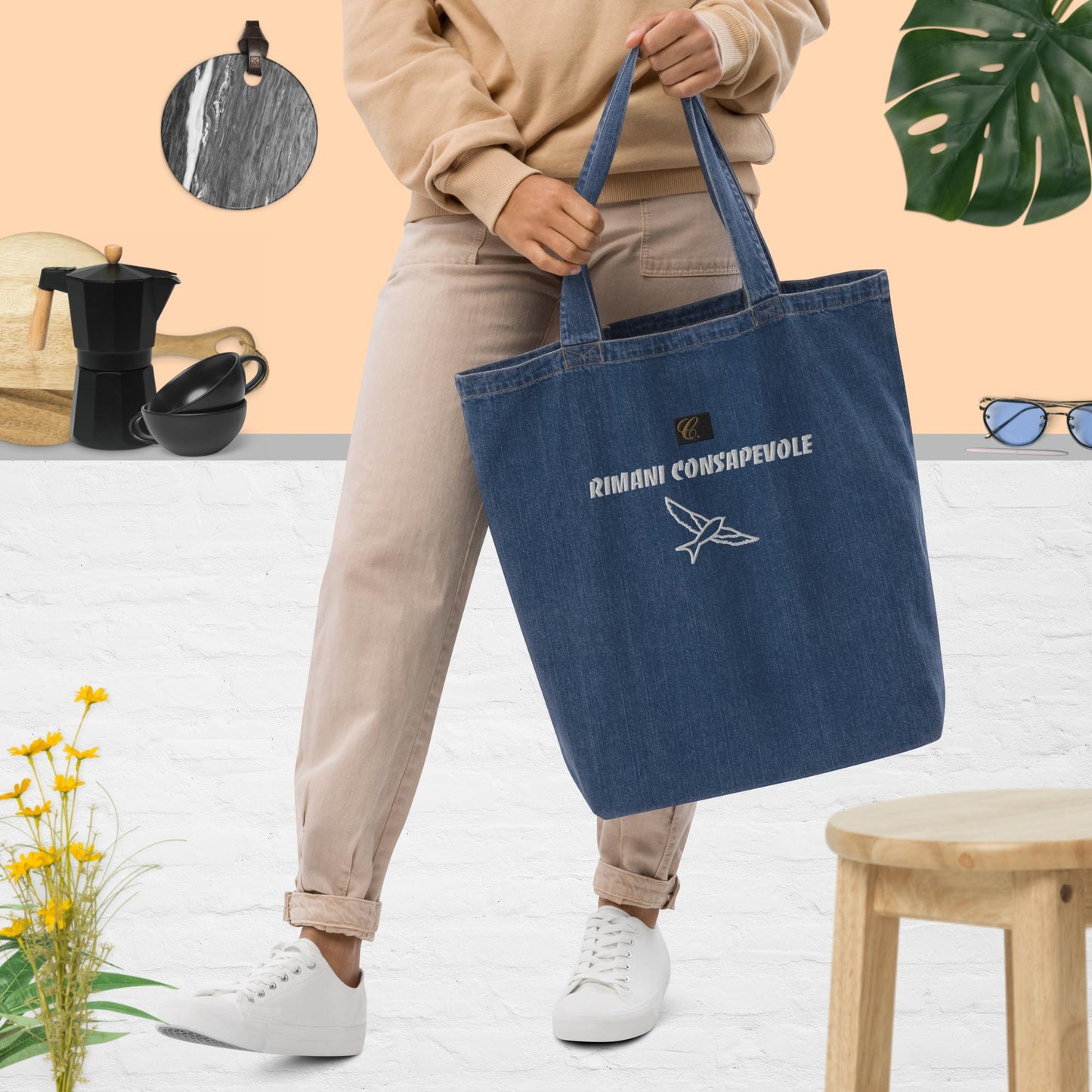 Shopping bag di jeans organica ricamo Consapevole