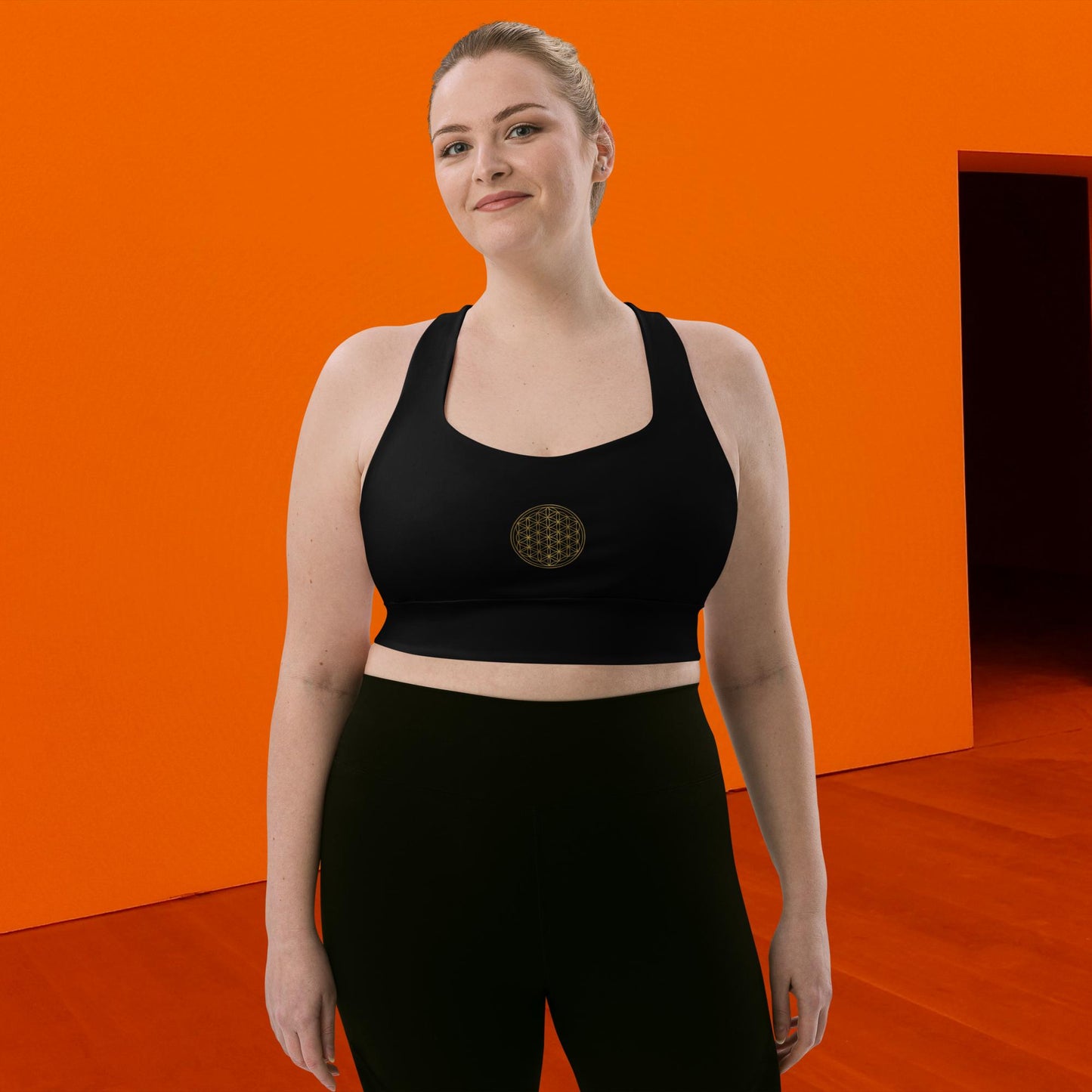 Reggiseno sportivo longline riciclato Fiore della vita nero